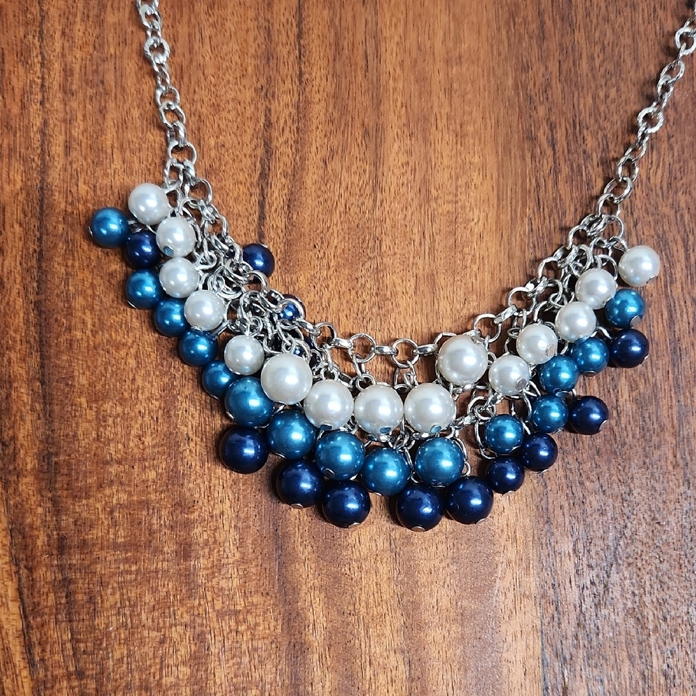 Statement Necklace and Earring Combo Pearl Sllver And Blue